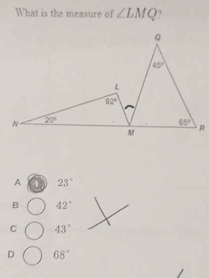 What is the measure of ∠ LMQ 7
A 23°
B 42°
C 43°
D 68°