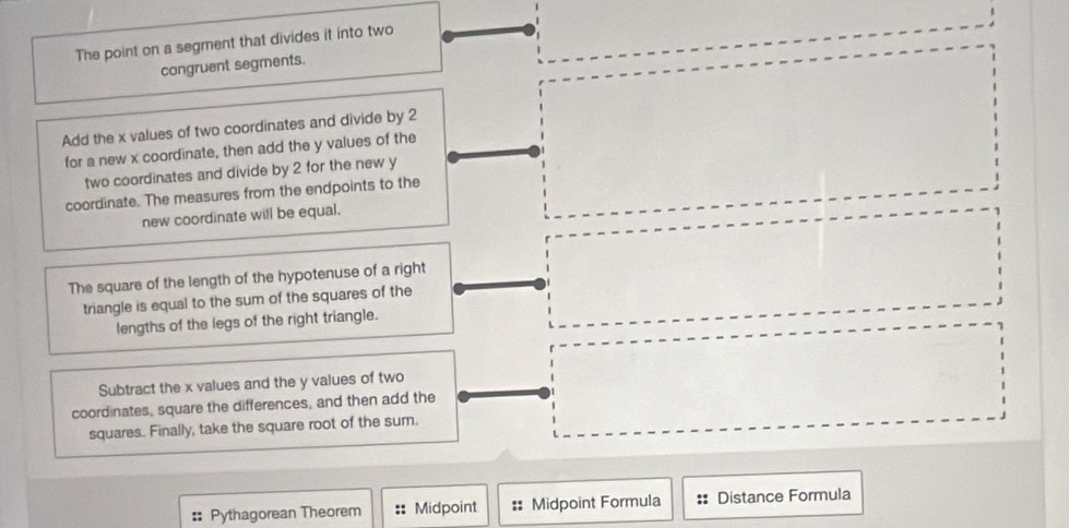 The point on a segment that divides it into two 
congruent segments. 
Add the x values of two coordinates and divide by 2
for a new x coordinate, then add the y values of the 
two coordinates and divide by 2 for the new y
coordinate. The measures from the endpoints to the 
new coordinate will be equal. 
The square of the length of the hypotenuse of a right 
triangle is equal to the sum of the squares of the 
lengths of the legs of the right triangle. 
Subtract the x values and the y values of two 
coordinates, square the differences, and then add the 
squares. Finally, take the square root of the sum. 
:: Pythagorean Theorem :: Midpoint :: Midpoint Formula Distance Formula