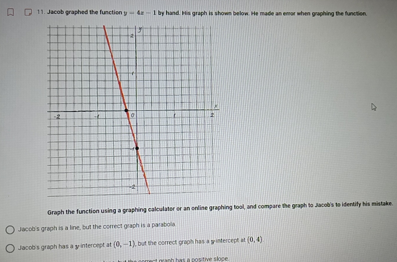 Solved: Jacob graphed the function y=4x-1 by hand. His graph is shown ...