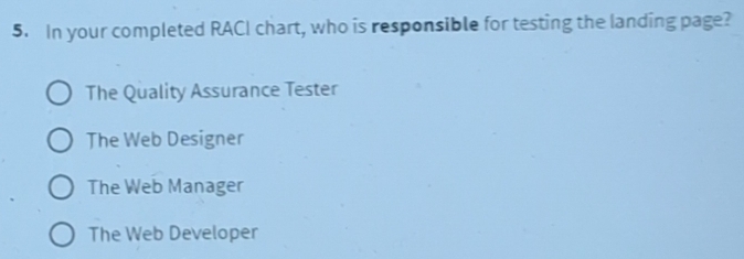 Solved: In your completed RACI chart, who is responsible for testing ...