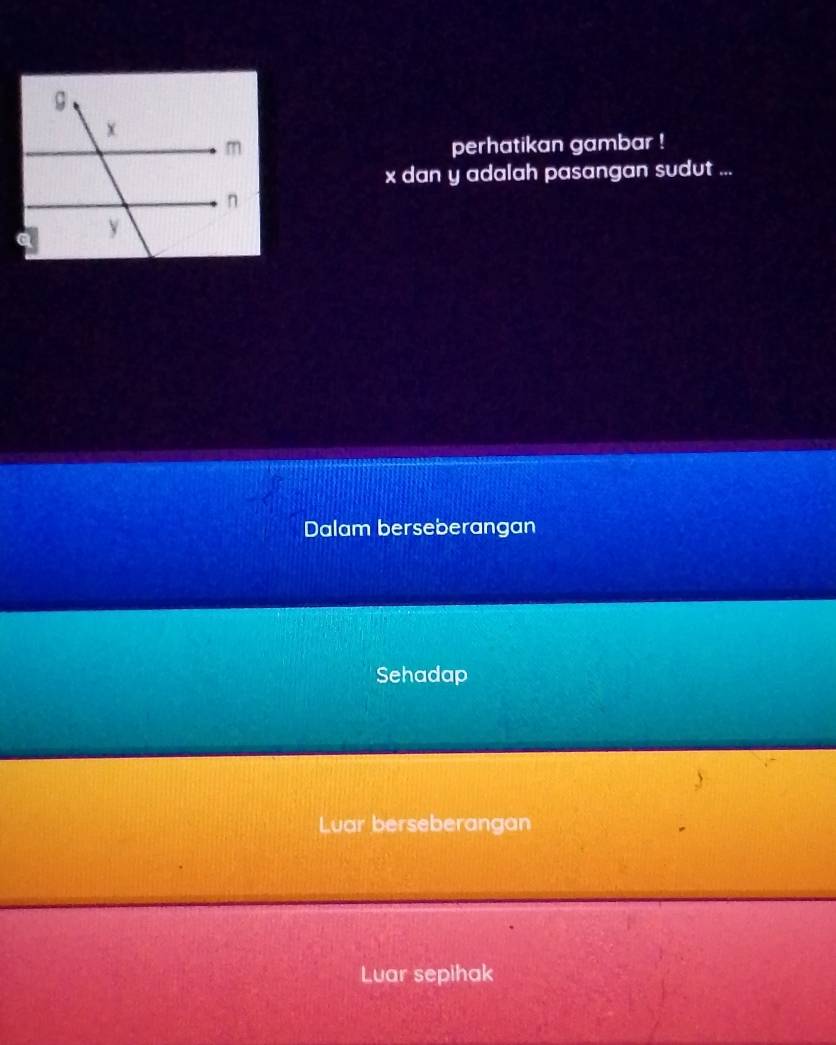 perhatikan gambar !
x dan y adalah pasangan sudut ...
Dalam berseberangan
Sehadap
Luar berseberangan
Luar sepihak