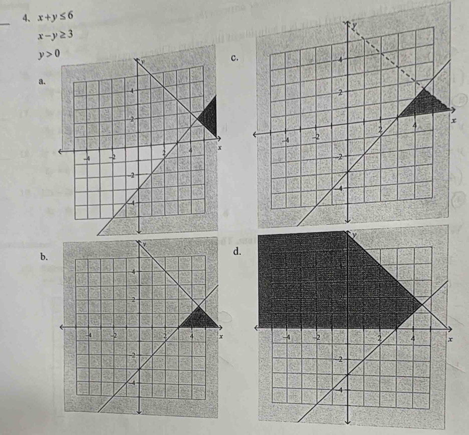 x+y≤ 6
x-y≥ 3
y>0
c.
a.
b.
d.