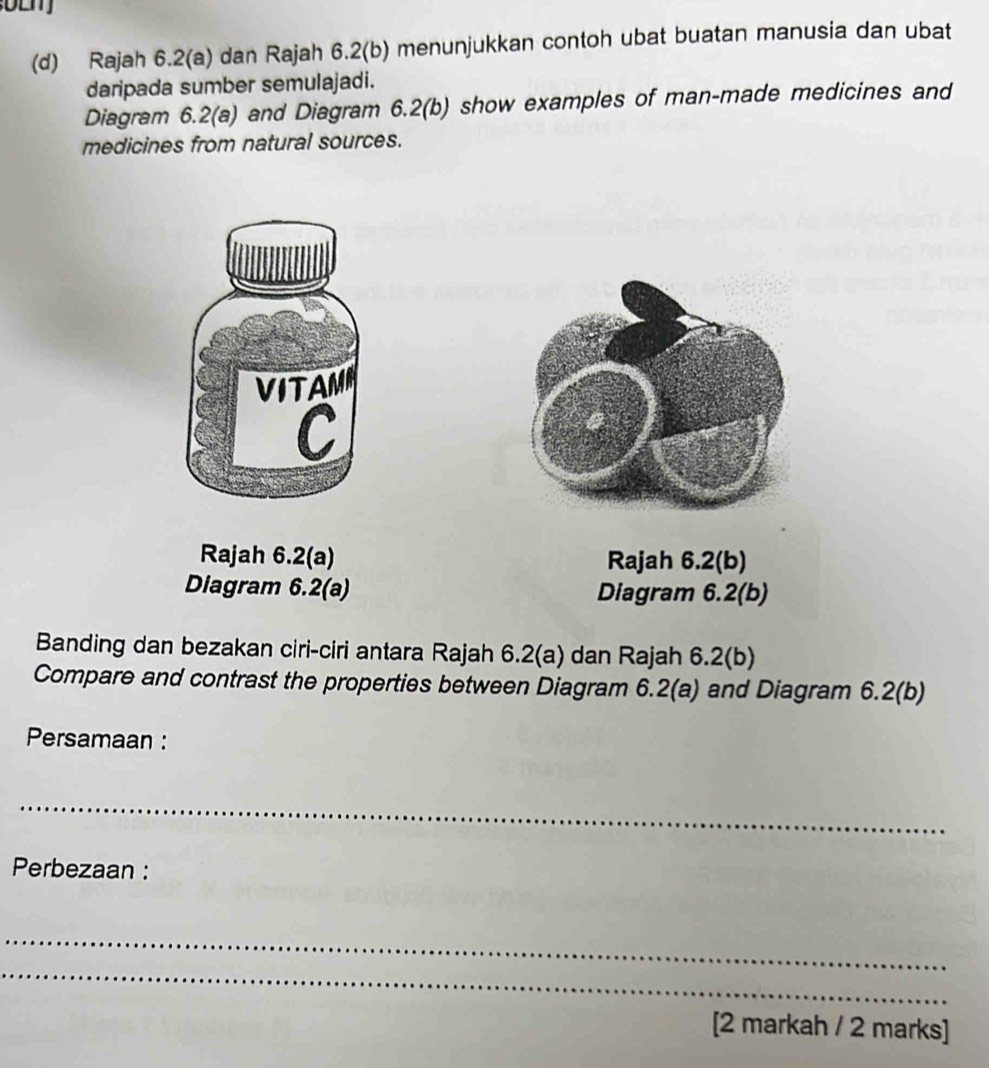 Rajah 6.2(a) dan Rajah 6.2(b) menunjukkan contoh ubat buatan manusia dan ubat 
daripada sumber semulajadi. 
Diagram 6.2(a) and Diagram 6.2(b) show examples of man-made medicines and 
medicines from natural sources. 
VITAMM 
C 
Rajah 6.2(a) Rajah 6.2(b) 
Diagram 6.2(a) Diagram 6.2(b) 
Banding dan bezakan ciri-ciri antara Rajah 6.2(a) dan Rajah 6.2(b) 
Compare and contrast the properties between Diagram 6.2(a) and Diagram 6.2(b) 
Persamaan : 
_ 
Perbezaan : 
_ 
_ 
[2 markah / 2 marks]