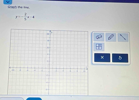 Graph the line.
y=- 2/5 x-4
×