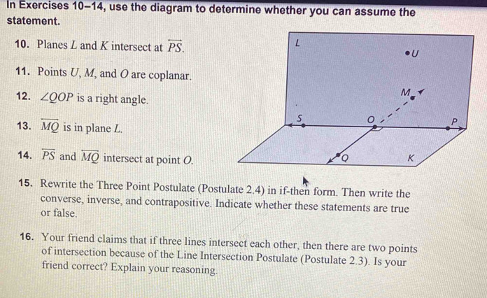 In Exercises 10-14, use the diagram to determine whether you can assume the 
statement. 
10. Planes Z and K intersect at overleftrightarrow PS. 
11. Points U, M, and O are coplanar. 
12. ∠ QOP is a right angle. 
13. overleftrightarrow MQ is in plane L. 
14. overleftrightarrow PS and overleftrightarrow MQ intersect at point O. 
15. Rewrite the Three Point Postulate (Postulate 2.4) in if-then form. Then write the 
converse, inverse, and contrapositive. Indicate whether these statements are true 
or false. 
16. Your friend claims that if three lines intersect each other, then there are two points 
of intersection because of the Line Intersection Postulate (Postulate 2.3). Is your 
friend correct? Explain your reasoning.