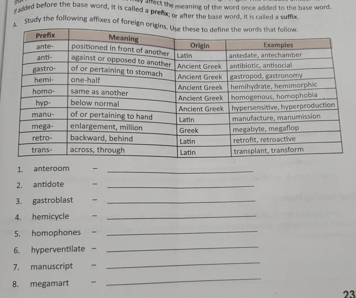 that 
dy affect the meaning of the word once added to the base word. 
If added before the base word, it is called a prefix; or after the base word, it is called a suffix. 
A. Study the following affixes of foreign or 
1. anteroom -_ 
2. antidote 
_ 
3. gastroblast -_ 
4. hemicycle _ 
5. homophones_ 
6. hyperventilate - 
_ 
7. manuscript 
_ 
8. megamart 
_ 
23