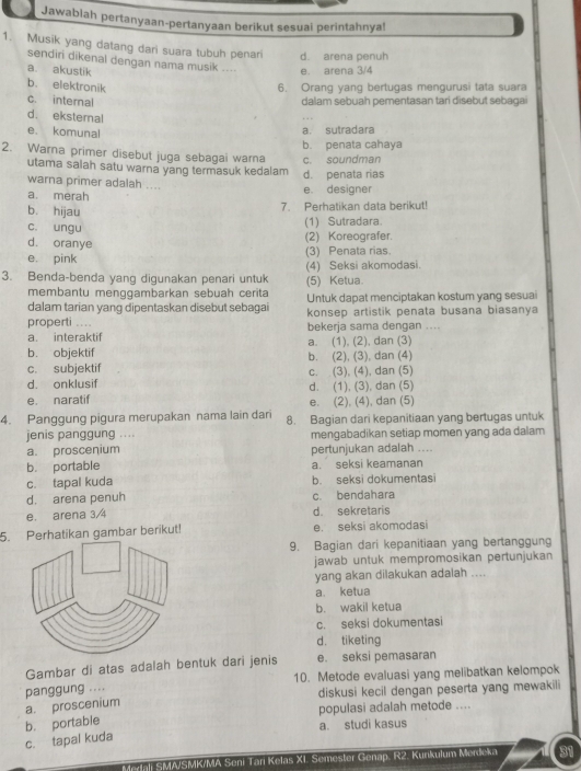 Jawabiah pertanyaan-pertanyaan berikut sesuai perintahnya!
1. Musik yang datang dari suara tubuh penari d. arena penuh
sendiri dikenal dengan nama musik .... e. arena 3/4
a. akustik
b. elektronik 6. Orang yang bertugas mengurusi tata suara
c. internal dalam sebuah pementasan tari disebut sebagai
d. eksternal
e. komunal
a. sutradara
2. Warna primer disebut juga sebagai warna c. soundman b. penata cahaya
utama salah satu warna yang termasuk kedalam d. penata rias
warna primer adalah ....
a. merah e. designer
b. hijau 7. Perhatikan data berikut!
c. ungu (1) Sutradara.
d. oranye (2) Koreografer.
e. pink (3) Penata rias.
3. Benda-benda yang digunakan penari untuk (4) Seksi akomodasi. (5) Ketua.
membantu menggambarkan sebuah cerita
dalam tarian yang dipentaskan disebut sebagai Untuk dapat menciptakan kostum yang sesuai
properti .... konsep artistik penata busana biasanya
a. interaktif bekerja sama dengan ....
b. objektif a. (1), (2), dan (3)
c. subjektif b. (2), (3), dan (4)
c. (3), (4), dan (5)
d. onklusif d. (1), (3), dan (5)
e. naratif e. (2), (4), dan (5)
4. Panggung pigura merupakan nama lain dari 8. Bagian dari kepanitiaan yang bertugas untuk
jenis panggung ...
a. proscenium mengabadikan setiap momen yang ada dalam
pertunjukan adalah ....
b. portable a. seksi keamanan
c. tapal kuda b. seksi dokumentasi
d. arena penuh c. bendahara
e. arena 3/4 d. sekretaris
5. Perhatikan gambar berikut! e. seksi akomodasi
9. Bagian dari kepanitiaan yang bertanggung
jawab untuk mempromosikan pertunjukan
yang akan dilakukan adalah ....
a. ketua
b. wakil ketua
c. seksi dokumentasi
d. tiketing
Gambar di atas adalah bentuk dari jenis e. seksi pemasaran
panggung .... 10. Metode evaluasi yang melibatkan kelompok
diskusi kecil dengan peserta yang mewakili
a. proscenium
populasi adalah metode ....
b. portable
c. tapal kuda a. studi kasus
Merali SMA/SMK/MA Seni Tari Kelas XI. Semester Genap, R2. Kunkulum Merdeka 31