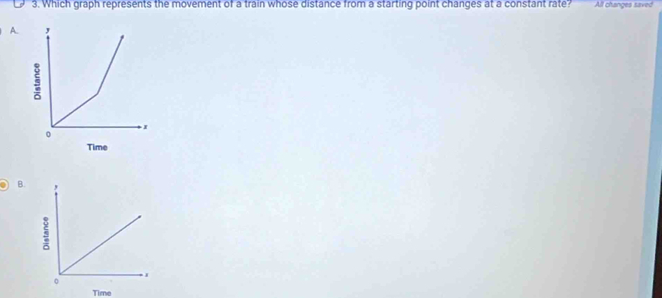 Which graph represents the movement of a train whose distance from a starting point changes at a constant rate? All changes saved 
A. 
B. 
Time