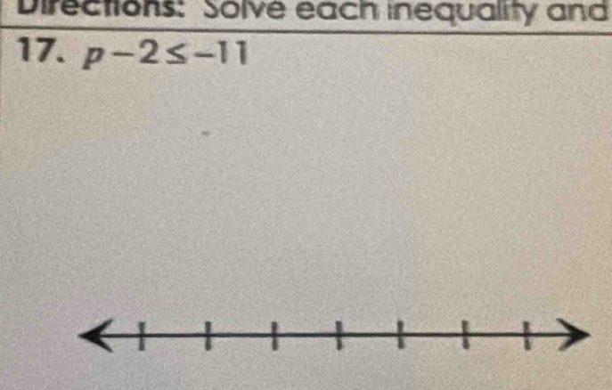 Directions: Solve each inequality and 
17. p-2≤ -11