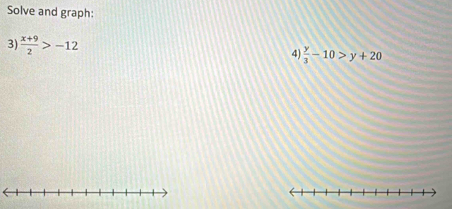 Solve and graph: 
3)  (x+9)/2 >-12 4)  y/3 -10>y+20