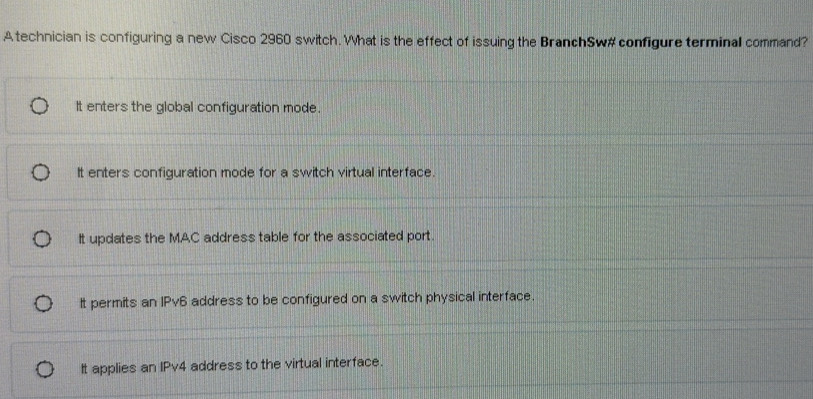 Solved: A technician is configuring a new Cisco 2960 switch. What is ...