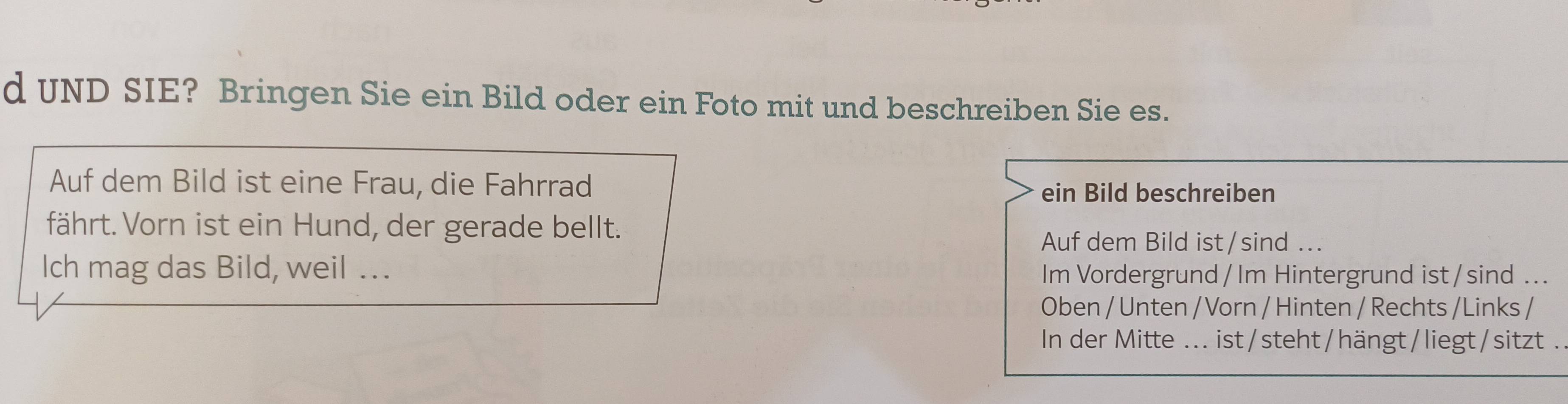 UND SIE? Bringen Sie ein Bild oder ein Foto mit und beschreiben Sie es. 
Auf dem Bild ist eine Frau, die Fahrrad 
ein Bild beschreiben 
fährt. Vorn ist ein Hund, der gerade bellt. 
Auf dem Bild ist/sind ... 
Ich mag das Bild, weil …. Im Vordergrund /Im Hintergrund ist/sind ... 
Oben / Unten / Vorn / Hinten / Rechts /Links / 
In der Mitte ... ist/steht/hängt/liegt/sitzt .