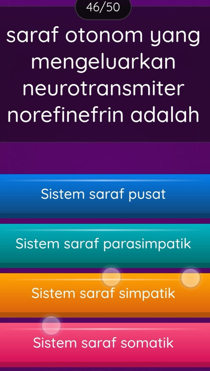 46/50
saraf otonom yang
mengeluarkan
neurotransmiter
norefinefrin adalah
Sistem saraf pusat
Sistem saraf parasimpatik
Sistem saraf simpatik
Sistem saraf somatik