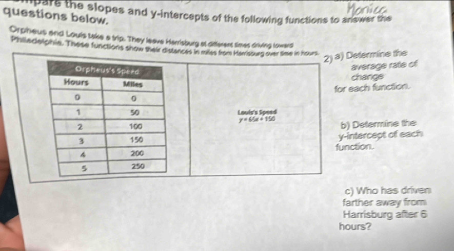 'Pare the slopes and y-intercepts of the following functions to answer the 
questions below. 
Orpheus and Louis take a trip. They leave Harrisburg at differers times driving loward 
Philaceipnia. These functions snow their distances in miss from Harrsourg over siae in iours 
2) a) Determine the 
average rate of 
change 
for each function. 
Louis's Speed
y=65x+150
b) Determine the 
y-intercept of each 
function. 
c) Who has driven 
farther away from 
Harrisburg after 6
hours?