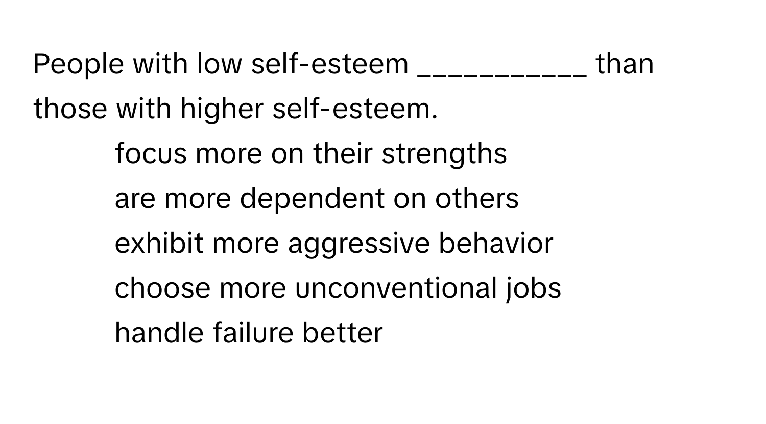 People with low self-esteem ___________ than those with higher self-esteem.

- focus more on their strengths
- are more dependent on others
- exhibit more aggressive behavior
- choose more unconventional jobs
- handle failure better