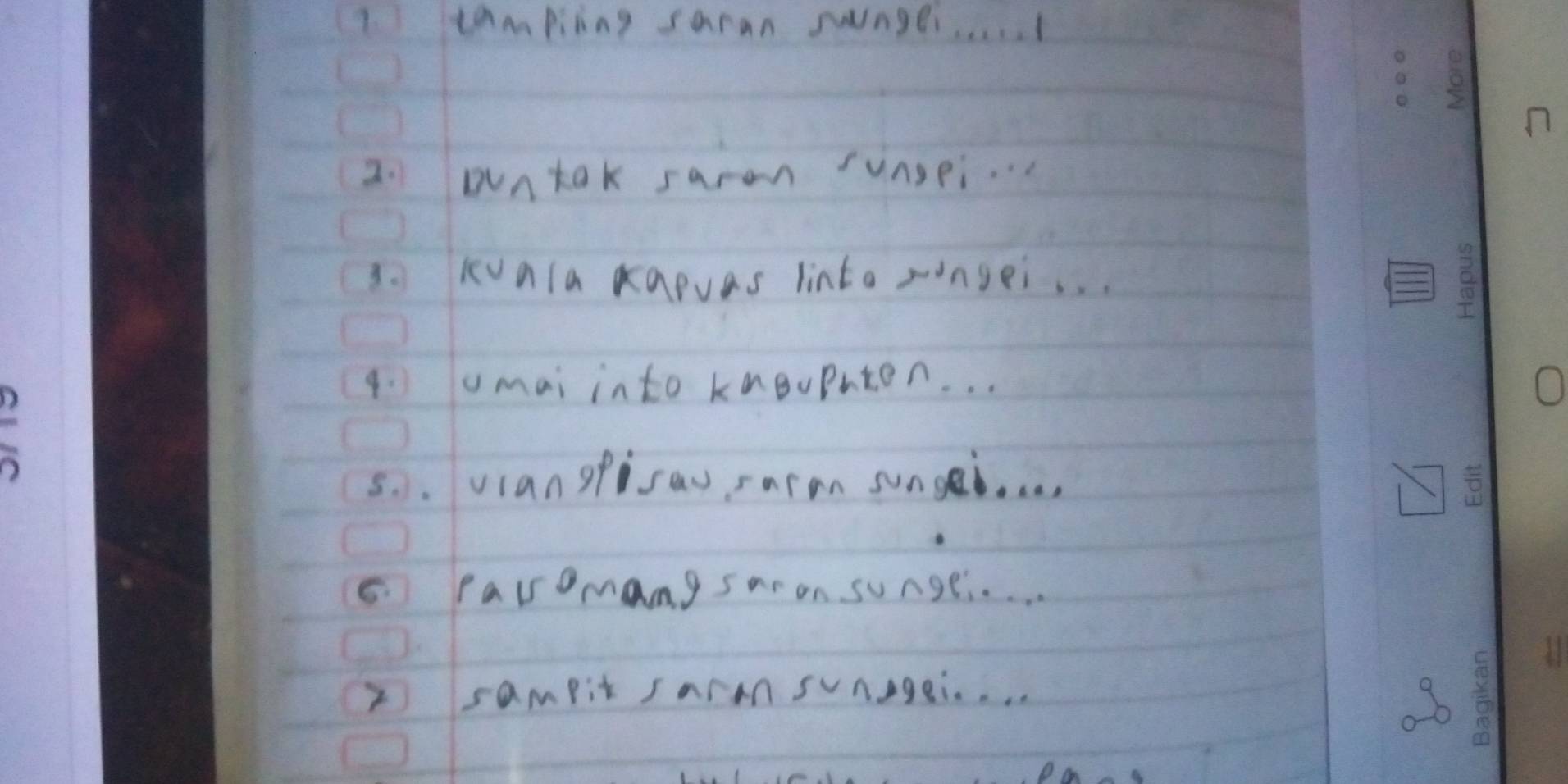 tampiing saran sungei. . 
2. Duntak saron unsei. 
3. Kvala kapvas linto songei. . . 
9. umai into knBupnten. . . 
5. .(angpisau, saran sunseò. . . . 
5. paromangsaron sunge.. . . 
2 sampit Saran Snagei. .