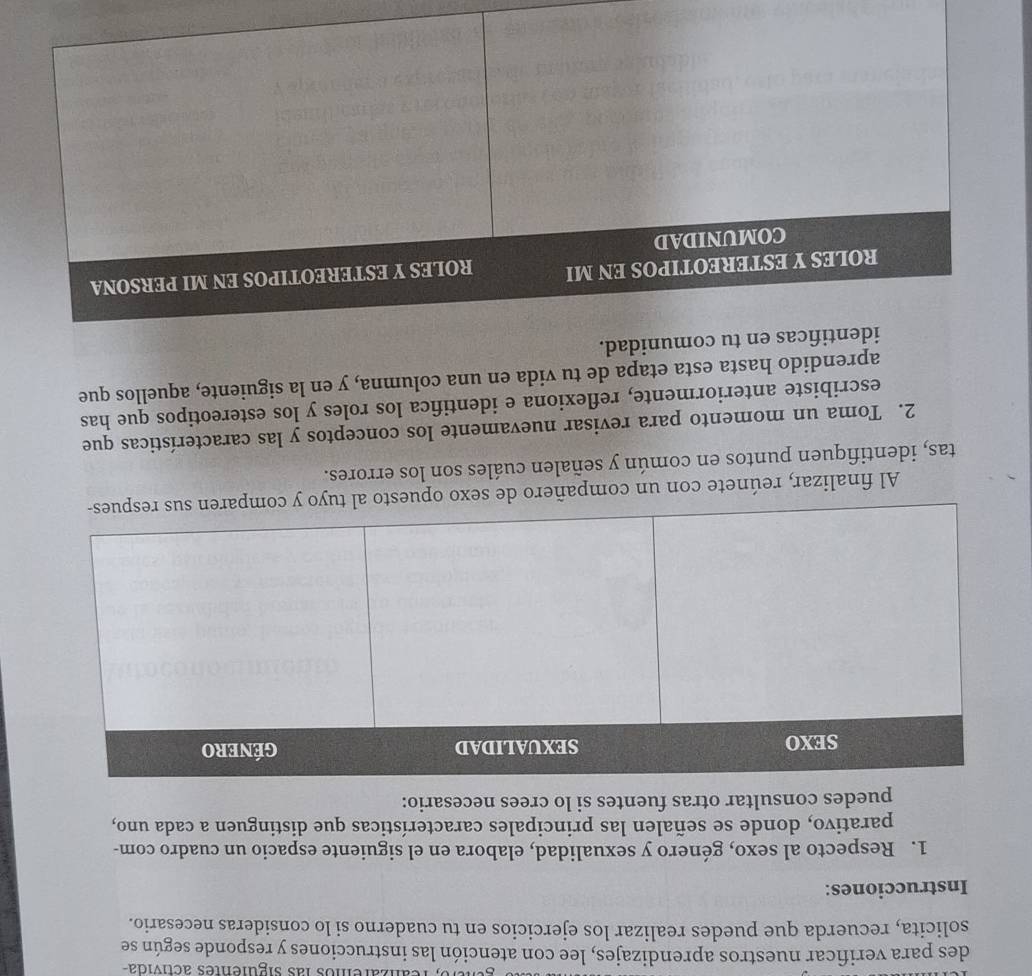 re anzaremos las siguientes activida 
des para verificar nuestros aprendizajes, lee con atención las instrucciones y responde según se 
solicita, recuerda que puedes realizar los ejercicios en tu cuaderno si lo consideras necesario. 
Instrucciones: 
1. Respecto al sexo, género y sexualidad, elabora en el siguiente espacio un cuadro com- 
parativo, donde se señalen las principales características que distinguen a cada uno, 
puedes consultar otras fuentes si lo crees necesario: 
Al finalizar, reúnete con un compañero 
tas, identifiquen puntos en común y señalen cuáles son los errores. 
2. Toma un momento para revisar nuevamente los conceptos y las características que 
escribiste anteriormente, reflexiona e identifica los roles y los estereotipos que has 
aprendido hasta esta etapa de tu vida en una columna, y en la siguiente, aquellos que 
identificas en tu comunidad.