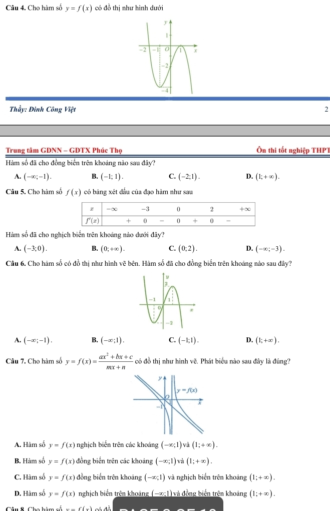 Cho hàm số y=f(x) có đồ thị như hình dưới
Thầy: Đinh Công Việt 2
Trung tâm GDNN - GDTX Phúc Thọ  Ôn thi tốt nghiệp THPT
Hàm số đã cho đồng biến trên khoảng nào sau đây?
A. (-∈fty ;-1). B. (-1;1). C. (-2;1). D. (1;+∈fty ).
Câu 5. Cho hàm số f(x) có bảng xét dấu của đạo hàm như sau
Hàm số đã cho nghịch biến trên khoảng nào dưới đây?
A. (-3;0). B. (0;+∈fty ). C. (0;2). D. (-∈fty ;-3).
Câu 6. Cho hàm số có đồ thị như hình vẽ bên. Hàm số đã cho đồng biển trên khoảng nào sau đây?
A. (-∈fty ;-1). B. (-∈fty ;1). C. (-1;1). D. (1;+∈fty ).
Câu 7. Cho hàm số y=f(x)= (ax^2+bx+c)/mx+n  có đồ thị như hình vpartial 5. Phát biểu nào sau đây là đúng?
A. Hàm số y=f(x) nghịch biến trên các khoảng (-∈fty ;1) và (1;+∈fty ).
B. Hàm số y=f(x) đồng biến trên các khoảng (-∈fty ;1) và (1;+∈fty ).
C. Hàm số y=f(x) đồng biến trên khoảng (-∈fty ;1) và nghịch biển trên khoảng (1;+∈fty ).
D. Hàm số y=f(x) nghịch biến trên khoảng (-∈fty ;1) và đồng biến trên khoảng (1;+∈fty ).
Câu 8. Cho hàm cố ()(y(x)b