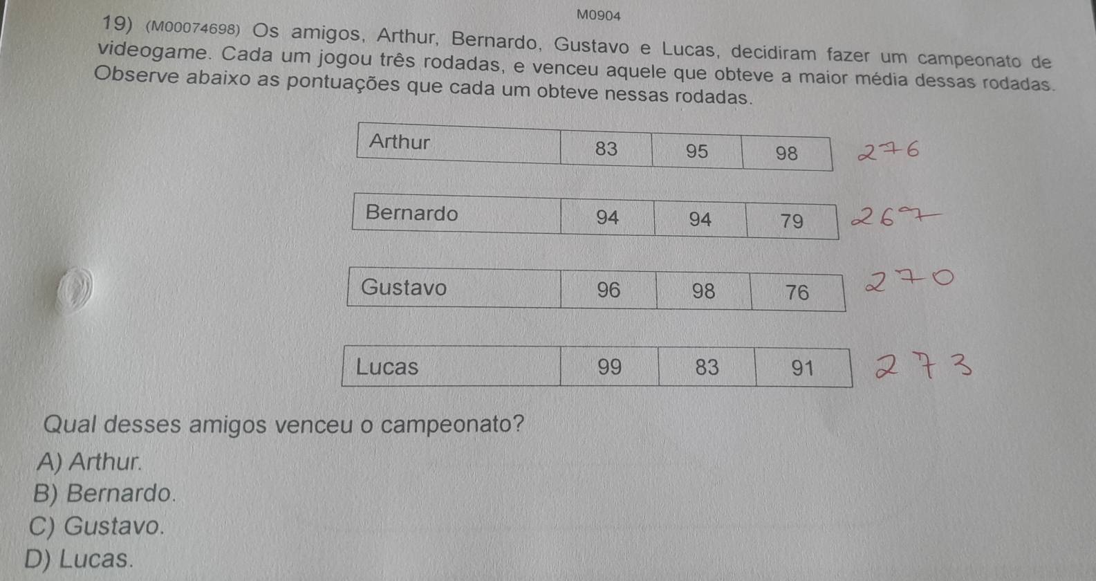 M0904
19) (м00074698) Os amigos, Arthur, Bernardo, Gustavo e Lucas, decidiram fazer um campeonato de
videogame. Cada um jogou três rodadas, e venceu aquele que obteve a maior média dessas rodadas.
Observe abaixo as pontuações que cada um obteve nessas rodadas.
Arthur
83 95 98
Qual desses amigos venceu o campeonato?
A) Arthur.
B) Bernardo.
C) Gustavo.
D) Lucas.