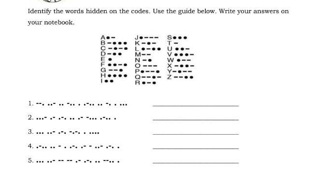 Identify the words hidden on the codes. Use the guide below. Write your answers on 
your notebook. 
A J s
B K
C L
D M
E N
F o
G P
H Q
R
1._ 
_ 
2._ 
_ 
3._ 
_ 
4._ 
_ 
5._ 
_