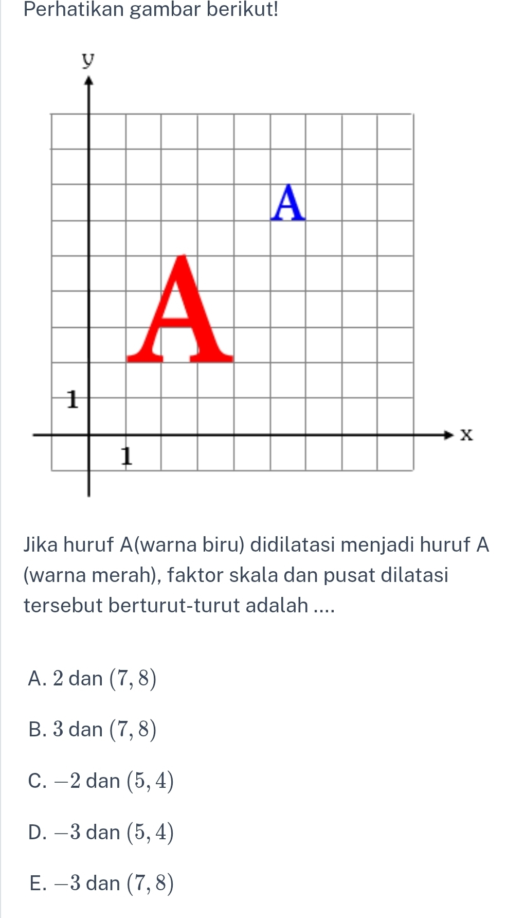 Perhatikan gambar berikut!
Jika huruf A(warna biru) didilatasi menjadi huruf A
(warna merah), faktor skala dan pusat dilatasi
tersebut berturut-turut adalah ....
A. 2 dan (7,8)
B. 3 dan (7,8)
C. −2 dan (5,4)
D. —3 dan (5,4)
E. —3 dan (7,8)