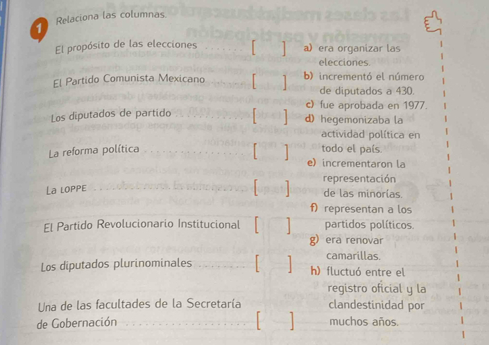 Relaciona las columnas. 

El propósito de las elecciones _a era organizar las 
elecciones 
El Partido Comunista Mexicano _b) incrementó el número 
de diputados a 430. 
c) fue aprobada en 1977. 
Los diputados de partido 
_ 
d hegemonizaba la 
actividad política en 
La reforma política __todo el país. 
e incrementaron la 
La loppe 
_ representación 
de las minorías. 
f)representan a los 
El Partido Revolucionario Institucional L partidos políticos. 
g era renovar 
camarillas. 
Los diputados plurinominales _h) fluctuó entre el 
registro oficial y la 
Una de las facultades de la Secretaría clandestinidad por 

de Gobernación _muchos años.