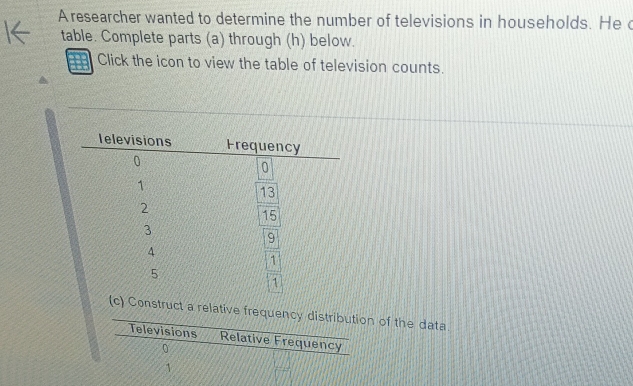 A researcher wanted to determine the number of televisions in households. Hec 
table. Complete parts (a) through (h) below. 
Click the icon to view the table of television counts. 
(c) Construct a relative frequency distribution of the data. 
Televisions Relative Frequency 
0