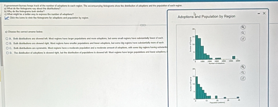 A government bureau keeps track of the number of adoptions in each region. The accompanying histograms show the distribution of adoptions and the population of each region.
a) What do the histograms say about the distributions?
b) Why do the histograms look similar?
c) What might be a better way to express the number of adoptions?
×
* Click the icons to view the histograms for adoptions and population by region. Adoptions and Population by Region
a) Cheose the correct answer below
A. Both distributions are skewed left. Most regions have larger populations and more adoptions, but some small regions have substantially fewer of each
B. Both distributions are skewed right. Most regions have smaller populations and fewer adoptions, but some big regions have substantially more of each.
C. Both distributions are symmetric. Most regions have a mederate population and a moderate amount of adoptions, with some big regions having substantia
D. The distribution of adeptions is skewed right, but the distribution of populations is skewed left. Most regions have larger populations and fewer adoptions,