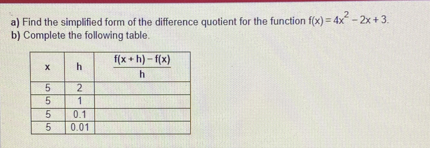 Find the simplified form of the difference quotient for the function f(x)=4x^2-2x+3.
b) Complete the following table.