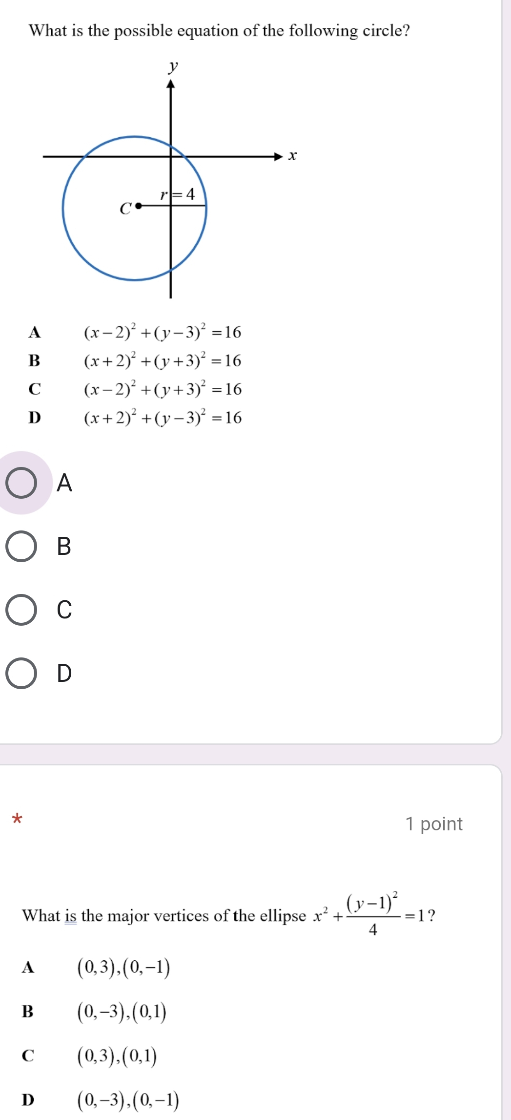 What is the possible equation of the following circle?
A (x-2)^2+(y-3)^2=16
B (x+2)^2+(y+3)^2=16
C (x-2)^2+(y+3)^2=16
D (x+2)^2+(y-3)^2=16
A
B
C
D
*
1 point
What is the major vertices of the ellipse x^2+frac (y-1)^24=1
A (0,3),(0,-1)
B (0,-3),(0,1)
C (0,3),(0,1)
D (0,-3),(0,-1)