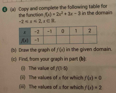 ④ (a) Copy and complete the following table for
the function f(x)=2x^2+3x-3 in the domain
-2≤slant x≤slant 2,x∈ R.
(b) Draw the graph of f(x) in the given domain.
(c) Find, from your graph in part (b):
(i) The value of f(1· 5)
(ii) The values of x for which f(x)=0
(iii) The values of x for which f(x)=2