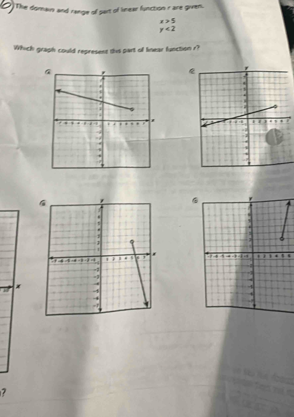 The domain and range of part of lnear function r are given.
x>5
y<2</tex> 
Which graph could represent this part of linear function r?
x
?