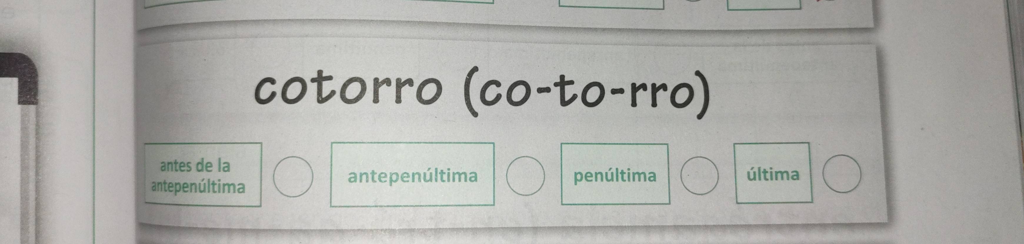 cotorro (co-to-rro)
antes de la
antepenúltima
antepenúltima penúltima última