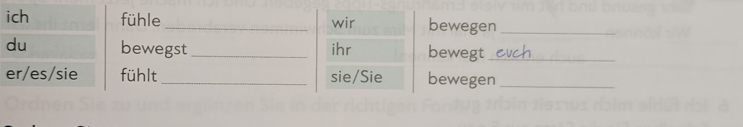 ich fühle _wir bewegen_ 
bewegst ihr 
du _bewegt_ 
er/es/sie fühlt _sie/Sie bewegen_