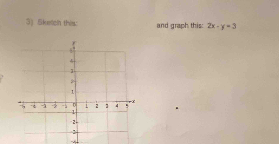 Sketch this: and graph this: 2x-y=3
4