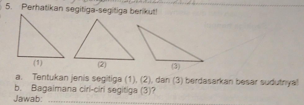 Perhatikan segitiga-segitiga berikut! 
a. Tentukan jenis segitiga (1), (2), dan (3) berdasarkan besar sudutnyal 
b. Bagaimana ciri-ciri segitiga (3)? 
Jawab:_