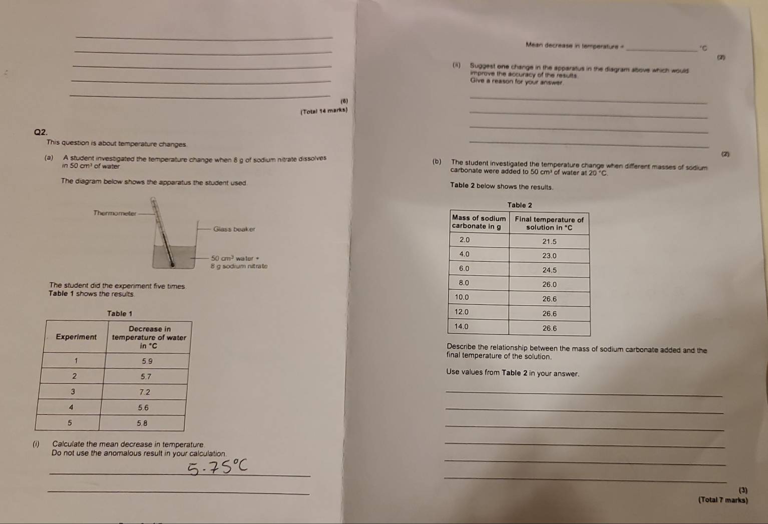 Mean decrease in temperatul
_'C
(2)
_(ii) Suggest one change in the apparatus in the diagram above which would
_
improve the accuracy of the results
Give a reason for your answer
_
(6)
_
(Total 14 marks)
_
Q2.
_
This question is about temperature changes.
_
(2)
(a) A student investigated the temperature change when 8 g of sodium nitrate dissolves (b) The student investigated the temperature change when different masses of sodium
in 50 cm³ of water carbonale were added to 50cm^3 of water at 20 "C.
The diagram below shows the apparatus the student used. Table 2 below shows the results.
Thermometer 
Glass beaker
50cm^3 water + 
8 g sodium nitrate 
The student did the experiment five times 
Table 1 shows the results 
 
 
Describe the relationship between the mass of sodium carbonate added and the
final temperature of the solution.
Use values from Table 2 in your answer.
_
_
_
(i) Calculate the mean decrease in temperature
_
_
Do not use the anomalous result in your calculation.
_
_
_
(3)
(Total 7 marks)