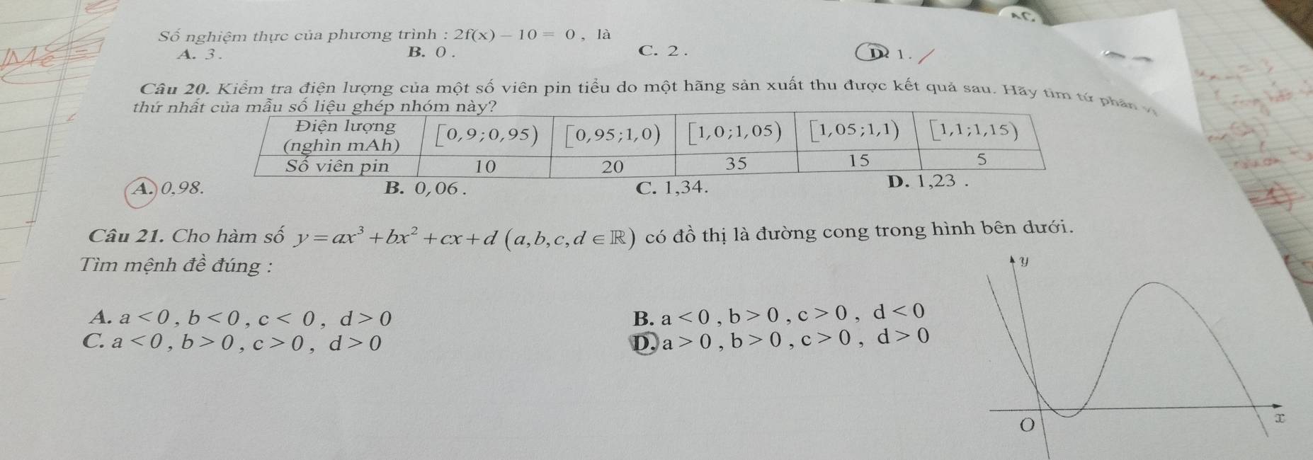 Số nghiệm thực của phương trình :2f(x)-10=0,1a
A. 3. B. 0 . C. 2 . D 1 .
Câu 20. Kiểm tra điện lượng của một số viên pin tiểu do một hãng sản xuất thu được kết quả sau. Hãy tìm tứ phân vị
thứ nh
A.0,9
Câu 21. Cho hàm số y=ax^3+bx^2+cx+d(a,b,c,d∈ R) có đồ thị là đường cong trong hình bên dưới.
Tìm mệnh đề đúng :
A. a<0,b<0,c<0,d>0 B. a<0,b>0,c>0,d<0</tex>
C. a<0,b>0,c>0,d>0 D. a>0,b>0,c>0,d>0