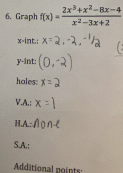 Graph f(x)= (2x^3+x^2-8x-4)/x^2-3x+2 
x -int.:
y -int: 
holes: 
V.A.: 
H.A.: 
S.A.: 
Additional points: