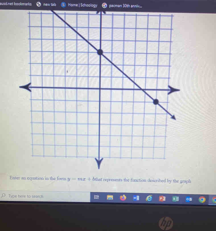 ausd net bookmarks new tab Home | Schoology 6 pacman 30th anniv... 
Enter an equation in the form y=mx+ bthat represents the function described by the graph 
Type here to search