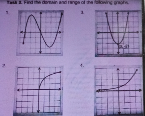 Task 2. Find the domain and range of the following graphs.
1.
3.
2.
4.