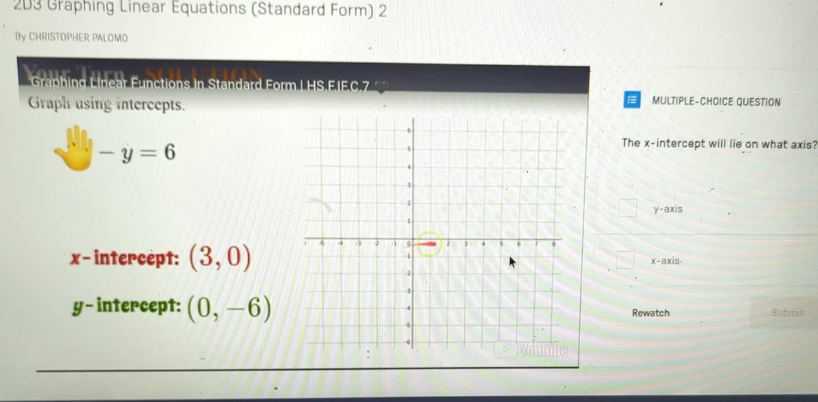 203 Graphing Linear Equations (Standard Form) 2
By CHRISTOPHER PALOMO
Graphing Linear Functions in Standard Form | HS.FIF.C.7
Graph using intercepts.
1 MULTIPLE-CHOICE QUESTION
-y=6
The x-intercept will lie on what axis?
y-axis
x - intercept: (3,0) x-axis
y - intercept: (0,-6) Rewatch
Submit