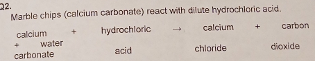 Marble chips (calcium carbonate) react with dilute hydrochloric acid.
calcium + hydrochloric calcium + carbon
+ water
carbonate acid chloride dioxide