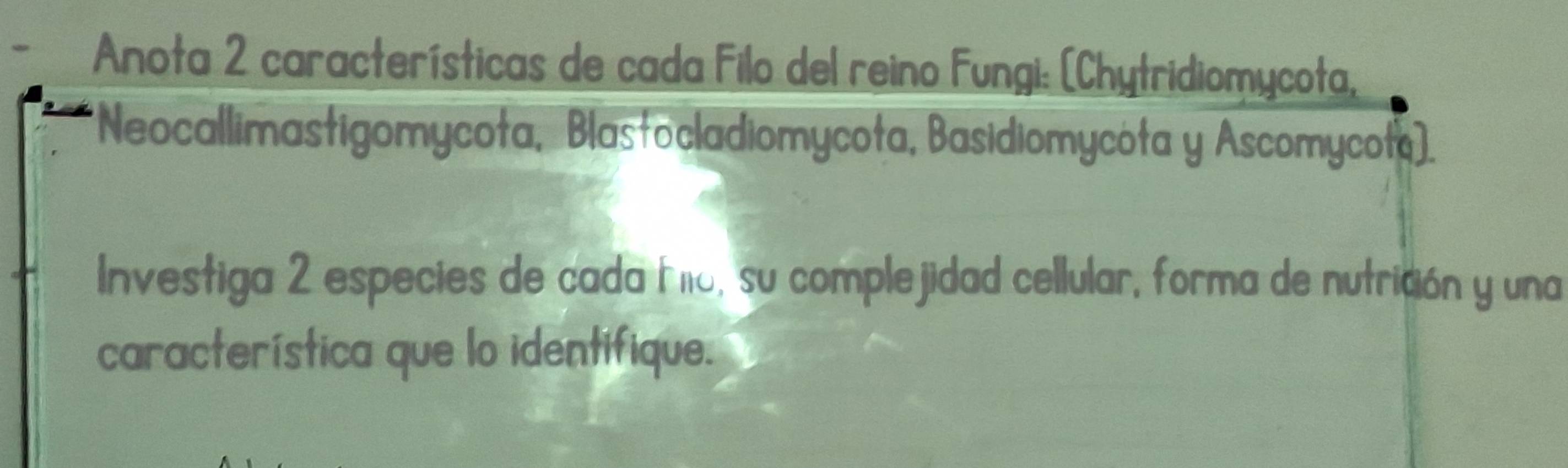 Anota 2 características de cada Filo del reino Fungi: (Chytridiomycota, 
*Neocallimastigomycota, Blastocladiomycota, Basidiomycóta y Ascomycota]. 
Investiga 2 especies de cada Mo, su complejidad cellular, forma de nutrición y una 
característica que lo identifique.