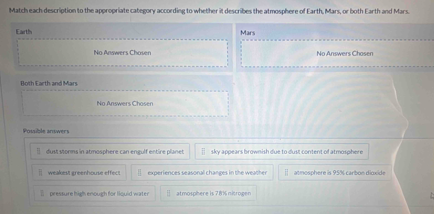 Match each description to the appropriate category according to whether it describes the atmosphere of Earth, Mars, or both Earth and Mars.
Earth Mars
No Answers Chosen No Answers Chosen
Both Earth and Mars
No Answers Chosen
Possible answers
dust storms in atmosphere can engulf entire planet sky appears brownish due to dust content of atmosphere
weakest greenhouse effect experiences seasonal changes in the weather atmosphere is 95% carbon dioxide
pressure high enough for liquid water atmosphere is 78% nitrogen