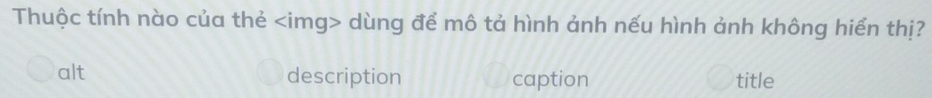 Thuộc tính nào của thẻ dùng để mô tả hình ảnh nếu hình ảnh không hiển thị?
alt description caption title