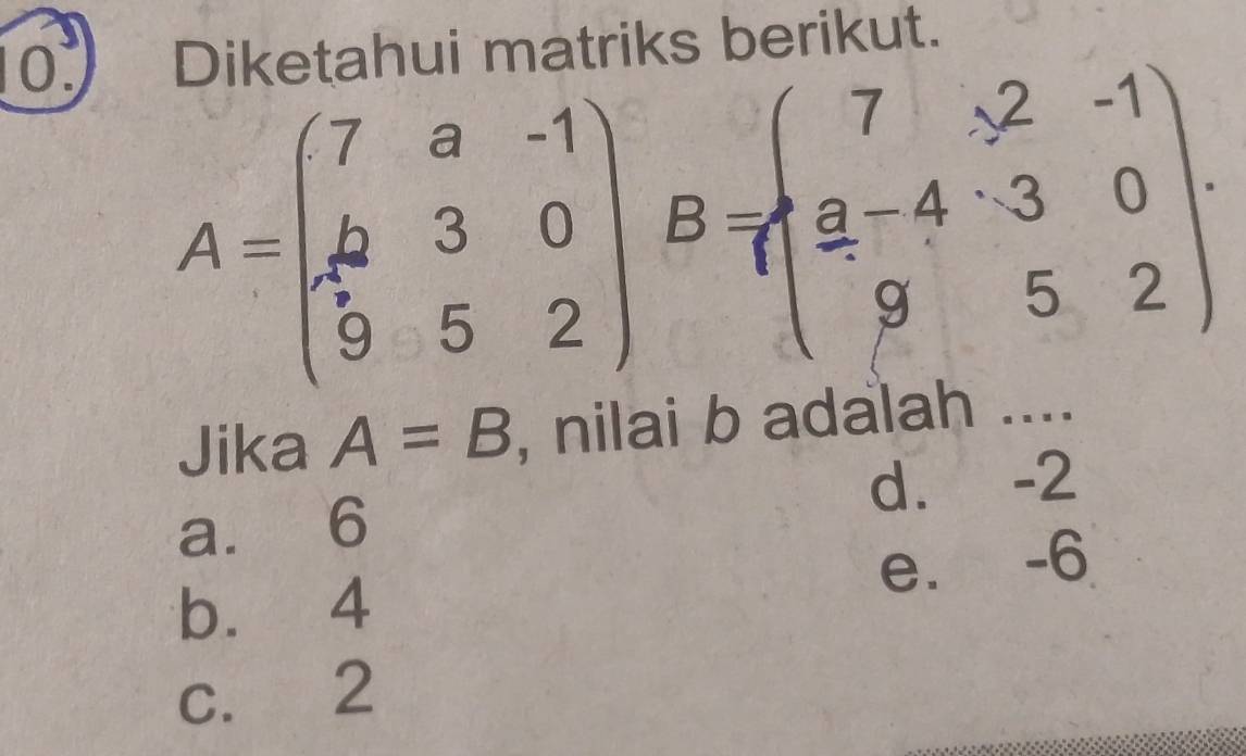 Diketahui matriks berikut.
A=beginpmatrix 7&a&-1 k&3&0 9&5&2endpmatrix B=beginpmatrix 7&-2&-1 a-4&3&0 9&5&2endpmatrix. 
Jika A=B , nilai b adalah ....
a. 6 d. -2
b. 4 e. -6
c. 2