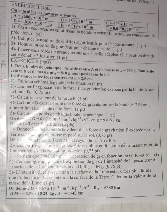 2)- Indiquer le nombre de chiffres significatifs pour chaque mesure. (1 pt)
3)- Donner un ordre de grandeur pour chaque mesure. (1 pt)
4)- Placer ces ordres de grandeurs sur une échelle adaptée. Que peut-on dire de
cette échelle ? Justifier. (1 pt)
EXERCICE II (9pts)
I- Deux boules de pétanque, l’une de centre A et de masse m_A=650g;, l'autre de
centre B et de masse m_B=810g , sont posées sur le sol.
La distance entre leurs centres est d=2,5m.
1)- Faire un schéma légendé de la situation (1 pt)
2)- Donner l’expression de la force F de gravitation exercée par la boule A sur
la boule B. (0,75 pt)
3)- Calculer la valeur de la force F. (1 pt)
4)- La boule B exerce-t-elle une force de gravitation sur la boule A ? Si oui,
donner la valeur  de cette force. (1 pt)
5)- Calcule e poids de chaque boule de pétanque. (1 pt)
On done G=6,67* 10^(-11)m^3.kg^(-1).s^(-2) et g=9,8N/kg.
II De la Terre  ' a Lune. (5 pts)
1)- Donner l  vession de la valeur de la force de gravitation F exercée par la
Terre sur l moojet de masse m posé sur le sol. (0,75 pt)
On nom  Masse de la Terre Ma et rayon de la Terre R r.
2)- Doncel Pexpnion du poids P de cet objet en fonction dé sa masse m et de
lintensité g γ de la pesanteur terrestre. (0,75p a
3)- Sachant que F=P xpression de g en fonction de G , R ft NLI
r. (1)
4)- Par analogie, én  penaire l'expression de gÉde l'intensité de la pesanteur à
la surface de la Luno en fonction de G,R_L et M A_L (0,75pt)
5)- L'intensité de la pesauteur à la surface de la Lune est six fois plus faible
que l'intensité de la pesanteur à la surface de la Terre. Calculer la valeur de la
masse de la Lune. ( 1 pt)
On donne : G=6,67* 10^(-11)m^3.kg^(-1).s^(-2),R_T=6380km
et M_T=5,98* 1024kg,R_L=1740km