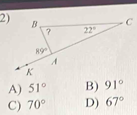 A) 51° B) 91°
C) 70° D) 67°