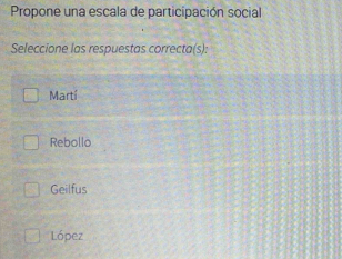 Propone una escala de participación social
Seleccione las respuestas correcta(s):
Martí
Rebollo
Geilfus
López